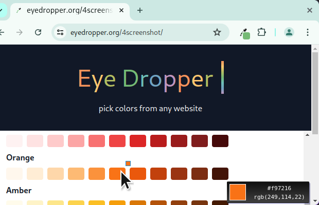 Mouse Pointer hovering over shade of orange color showing how Eye Dropper can display color under your cursor.