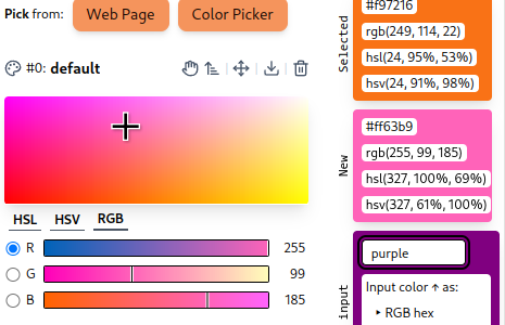 Color Picker focused on green color showing how previous and current color is displayed in extension.